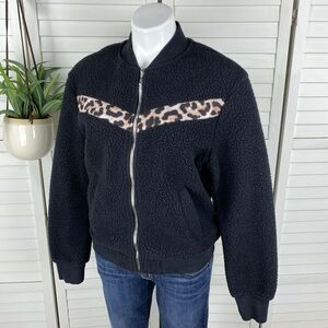Zyia Active Leopard Flying‎ V Teddy Fleece Jacket High Pile Black Zip Up Size S